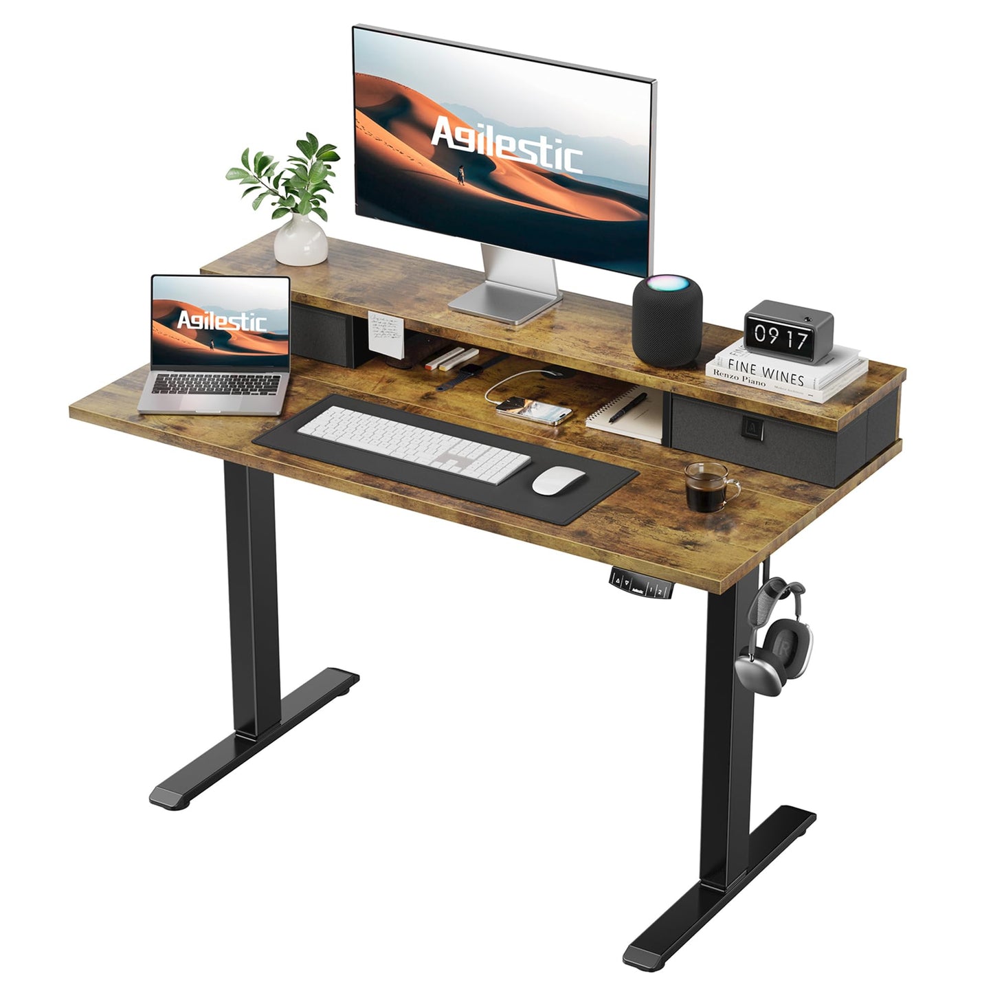 Agilestic Escritorio Regulable en Altura con 2 cajones, 140 x 60 cm Escritorio Estable Eléctrico Regulable en Altura, Escritorio ergonómico de bipedestación Escritorio para Ordenador, Marrón Claro