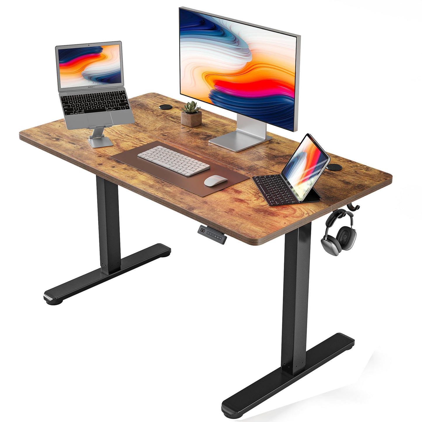 FEZIBO Escritorio de Altura Regulable eléctrico, 140 x 60 cm, Escritorio de pie con Control de Memoria y tecnología anticolisiones, Marco Negro, Tablero de Madera de Roble Moteado