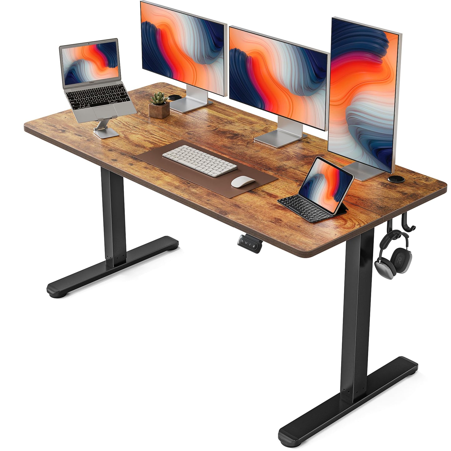 FEZIBO Escritorio de Altura Regulable eléctrico, 140 x 60 cm, Escritorio de pie con Control de Memoria y tecnología anticolisiones, Marco Negro, Tablero de Madera de Roble Moteado