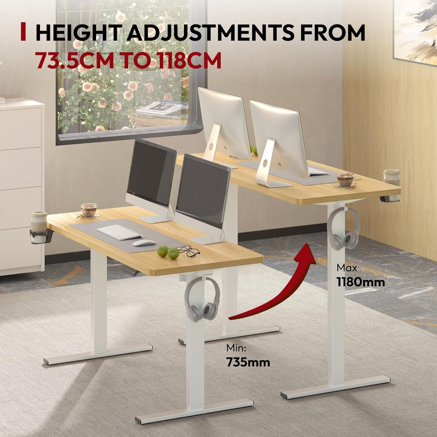SANODESK FQ1 140x60cm Escritorio Elevable Eléctrico con Tablero, Standing Desk, Mesa Elevable para Computadora con Gancho, Cerradura para niños, Función de Memoria para Oficina y Hogar-Blanco Arce