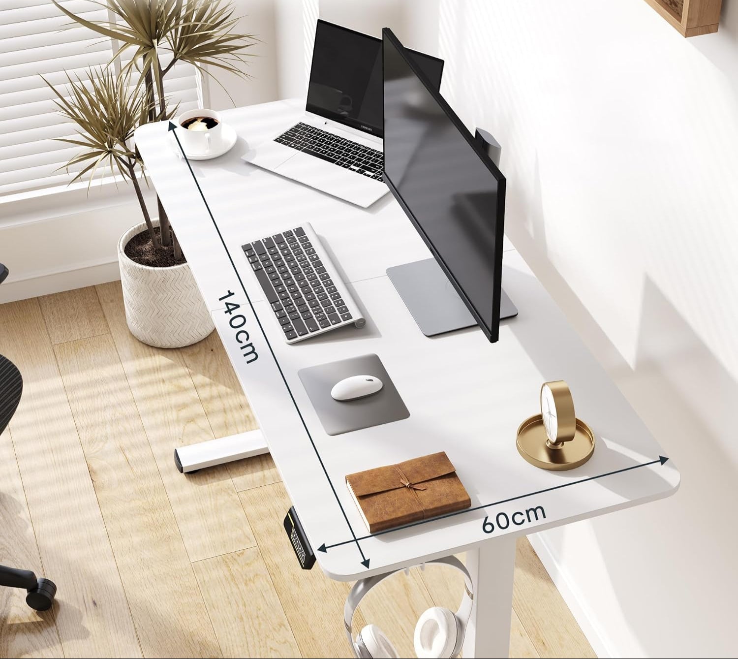 FLEXISPOT 140X60cm Escritorio Elevable Eléctrico con Tablero, con Gancho y Portavasos, Standing Desk, Mesa Elevable Escritorio de Elevable con Memoria Inteligente para Oficina y Hogar(Blanco)