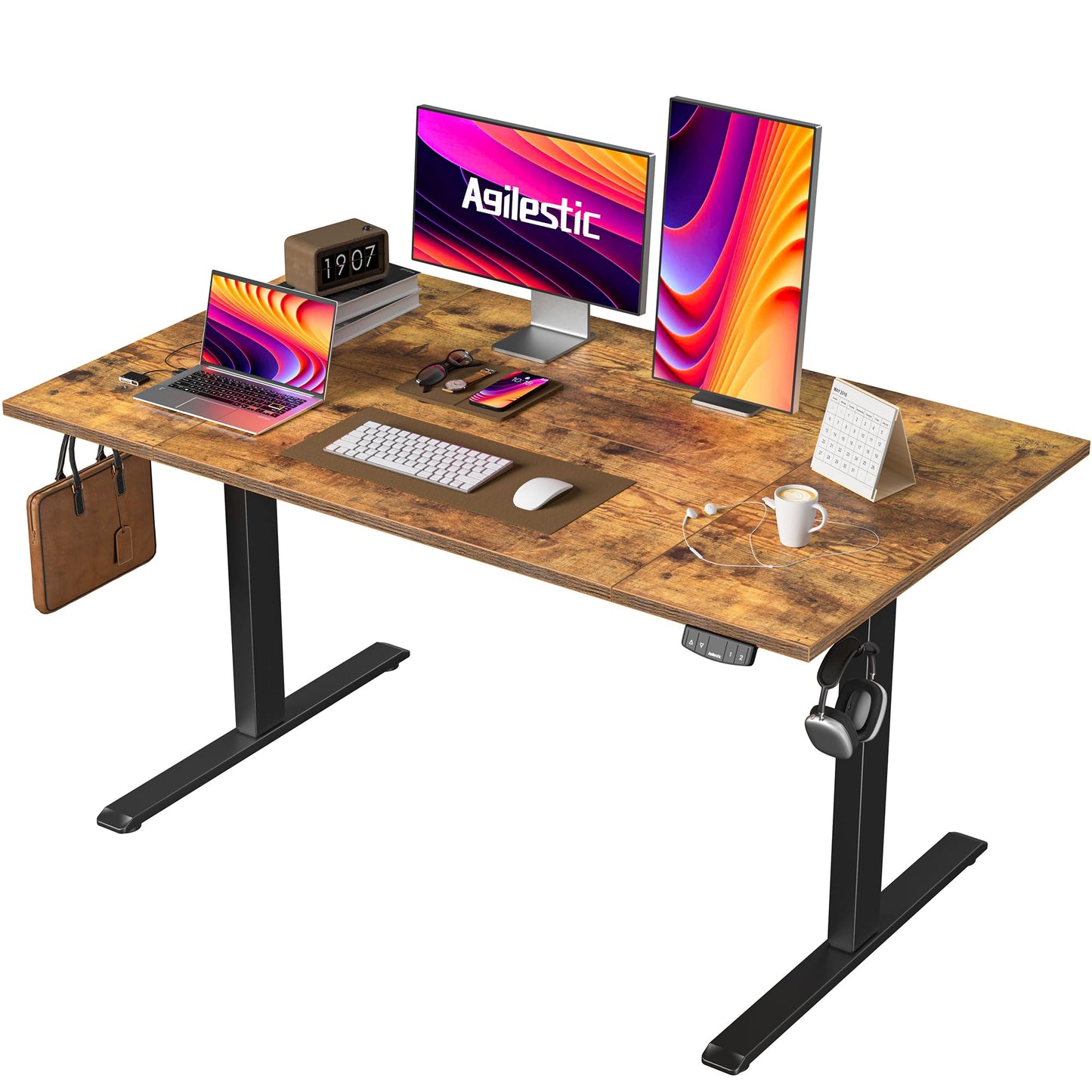 Agilestic 140 x 60 cm Escritorio Elevable Eléctrico con Tablero Escritorio Regulable en Altura Eléctrico Telescópico Bi-direccional con Control de Memoria y Tecnología Anticolisión, Negro