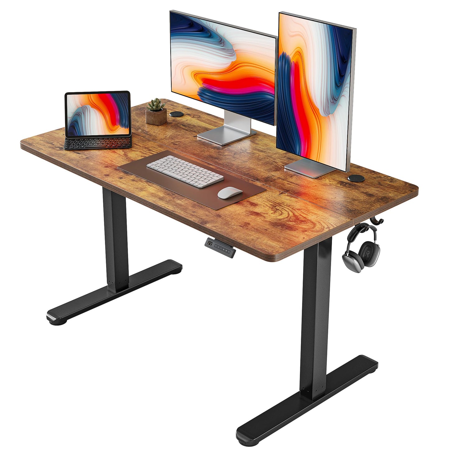 FEZIBO Escritorio de Altura Regulable eléctrico, 140 x 60 cm, Escritorio de pie con Control de Memoria y tecnología anticolisiones, Marco Negro, Tablero de Madera de Roble Moteado