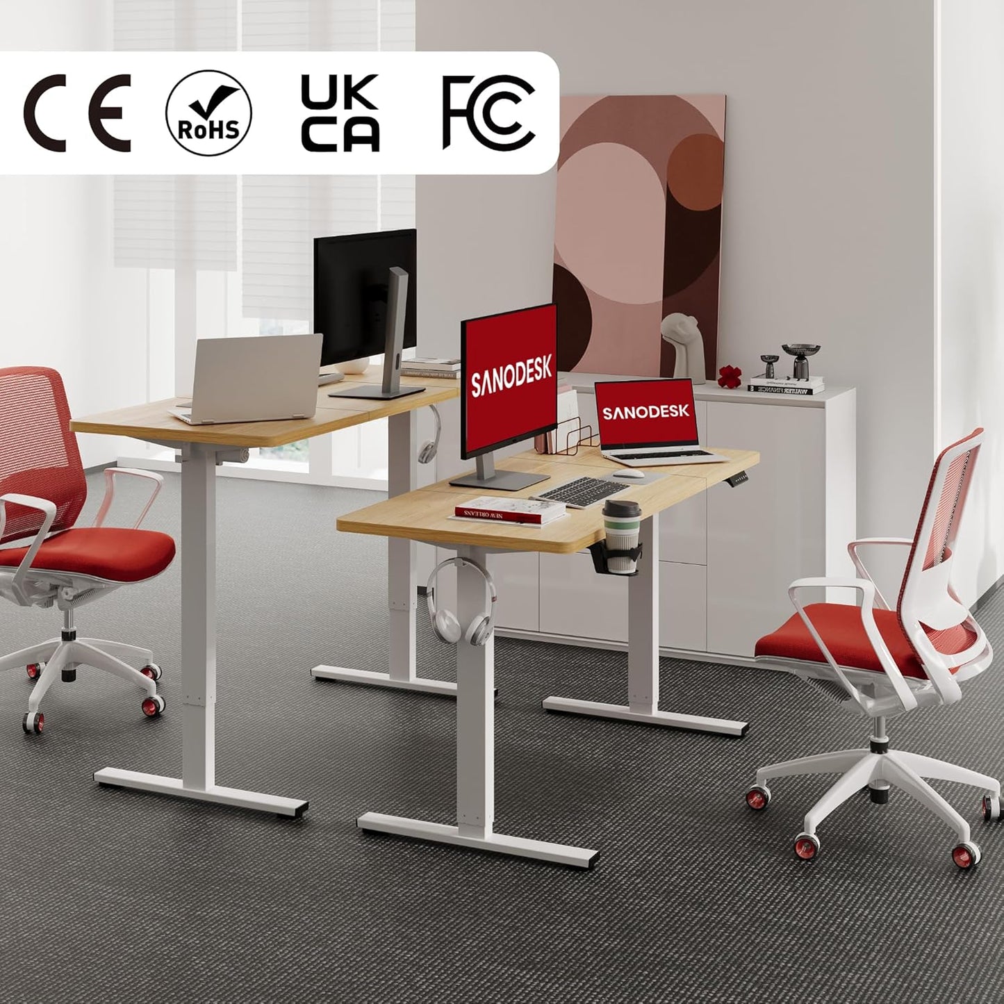 SANODESK FQ1 140x60cm Escritorio Elevable Eléctrico con Tablero, Standing Desk, Mesa Elevable para Computadora con Gancho, Cerradura para niños, Función de Memoria para Oficina y Hogar-Blanco Arce