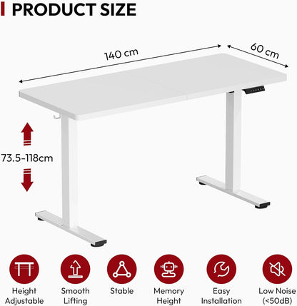 SANODESK QS1 140 x 60 cm Escritorio Elevable Eléctrico con Tablero Escritorio Regulable en Altura Eléctrico Telescópico Bidireccional con Control de Memoria y Tecnología Anticolisión (Blanco)