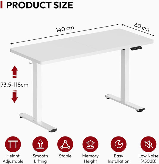 SANODESK QS1 140 x 60 cm Escritorio Elevable Eléctrico con Tablero Escritorio Regulable en Altura Eléctrico Telescópico Bidireccional con Control de Memoria y Tecnología Anticolisión (Blanco)