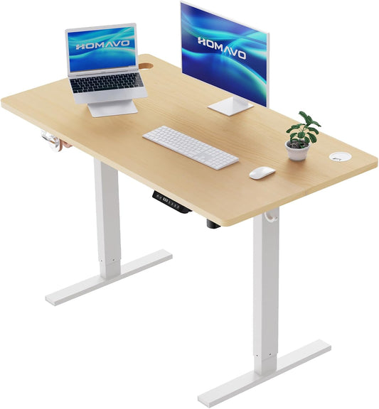 HOMAVO Escritorio Eléctrico De Pie para Sentarse 140x70cm, Escritorio Eléctrico con Memoria y Función Anticolisión, Puertos de Carga Rápida USB-A y Tipo-C, Escritorio Regulable en Altura (70-119CM)