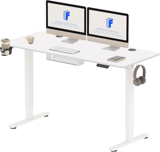 FLEXISPOT 140X60cm Escritorio Elevable Eléctrico con Tablero, con Gancho y Portavasos, Standing Desk, Mesa Elevable Escritorio de Elevable con Memoria Inteligente para Oficina y Hogar(Blanco)