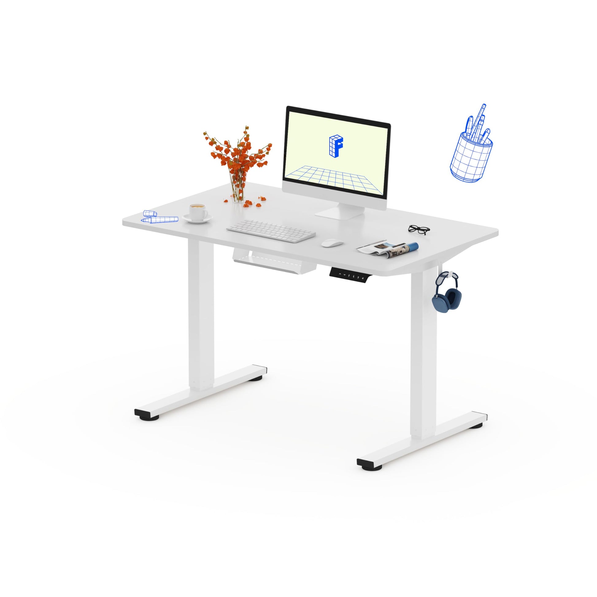 FLEXISPOT QE Pro Escritorio Elevable Eléctrico 140x60cm, Mesa Elevable con 2 Ganchos, Portavasos y Organizador de Cables, 4 Función de Memoria, Standing Desk para Oficina & Hogar y Teletrabajo, Negro