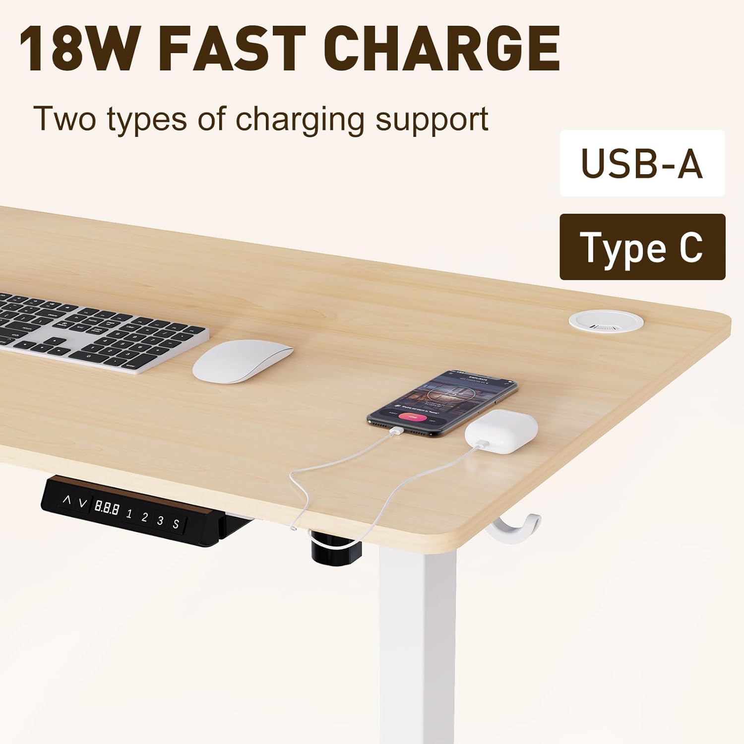 HOMAVO Escritorio Eléctrico De Pie para Sentarse 140x70cm, Escritorio Eléctrico con Memoria y Función Anticolisión, Puertos de Carga Rápida USB-A y Tipo-C, Escritorio Regulable en Altura (70-119CM)