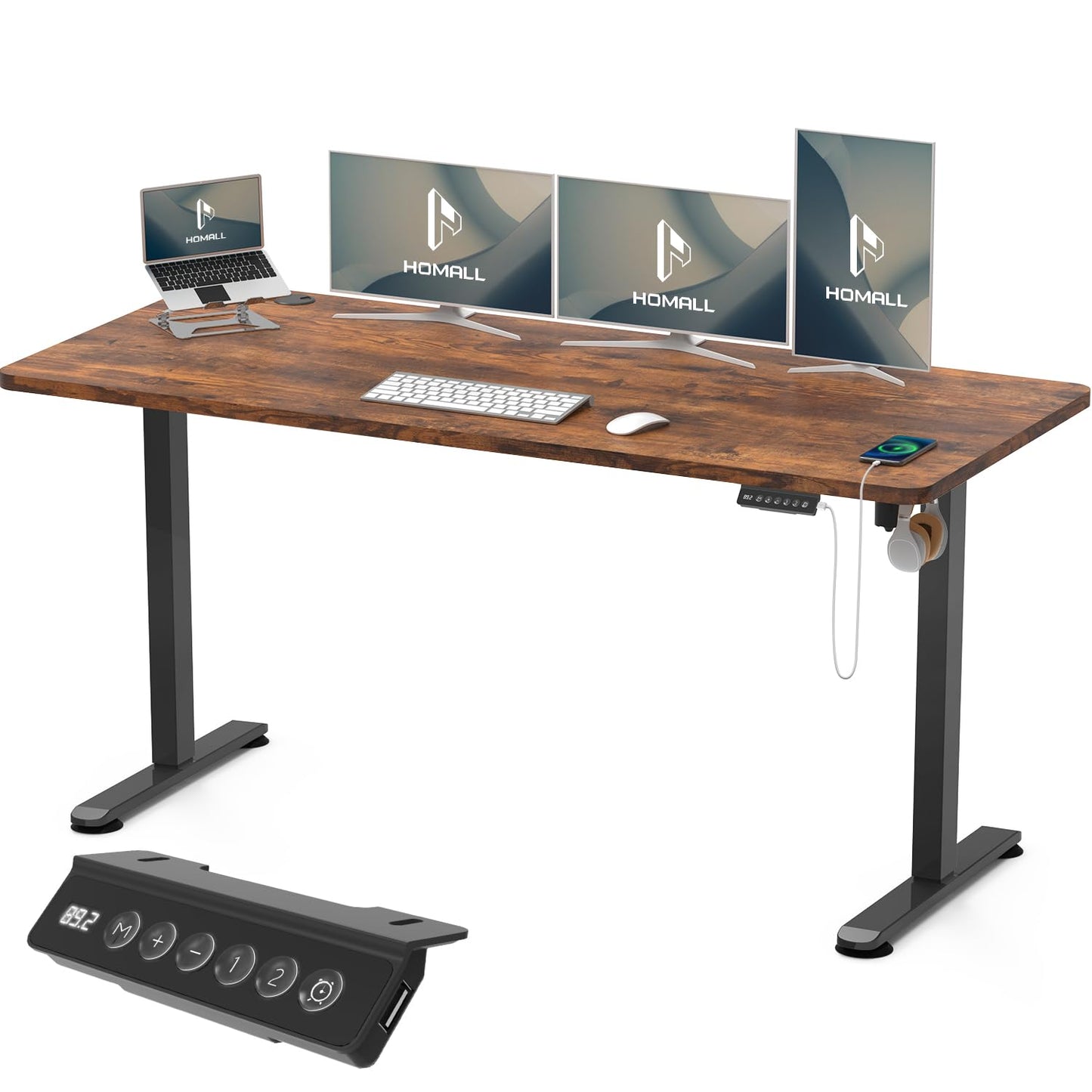 Homall 140X60 Cm Escritorio Elevable con Toma USB, Escritorio Elevable Eléctrico con Funciones De Sistema Anticolisión, Mesa De Escritorio con Soporte Eléctrico,Marrón