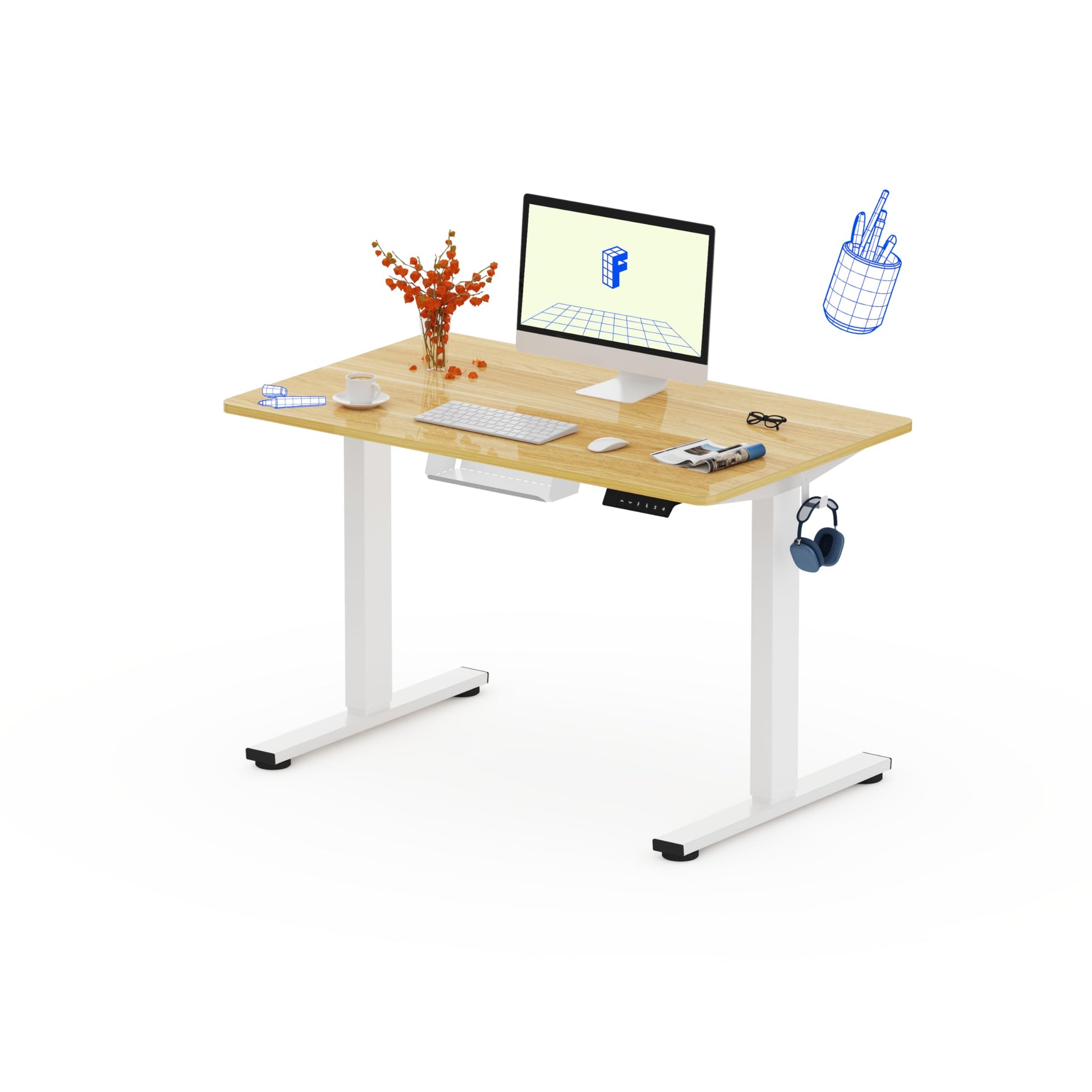 FLEXISPOT QE Pro Escritorio Elevable Eléctrico 140x60cm, Mesa Elevable con 2 Ganchos, Portavasos y Organizador de Cables, 4 Función de Memoria, Standing Desk para Oficina & Hogar y Teletrabajo, Negro