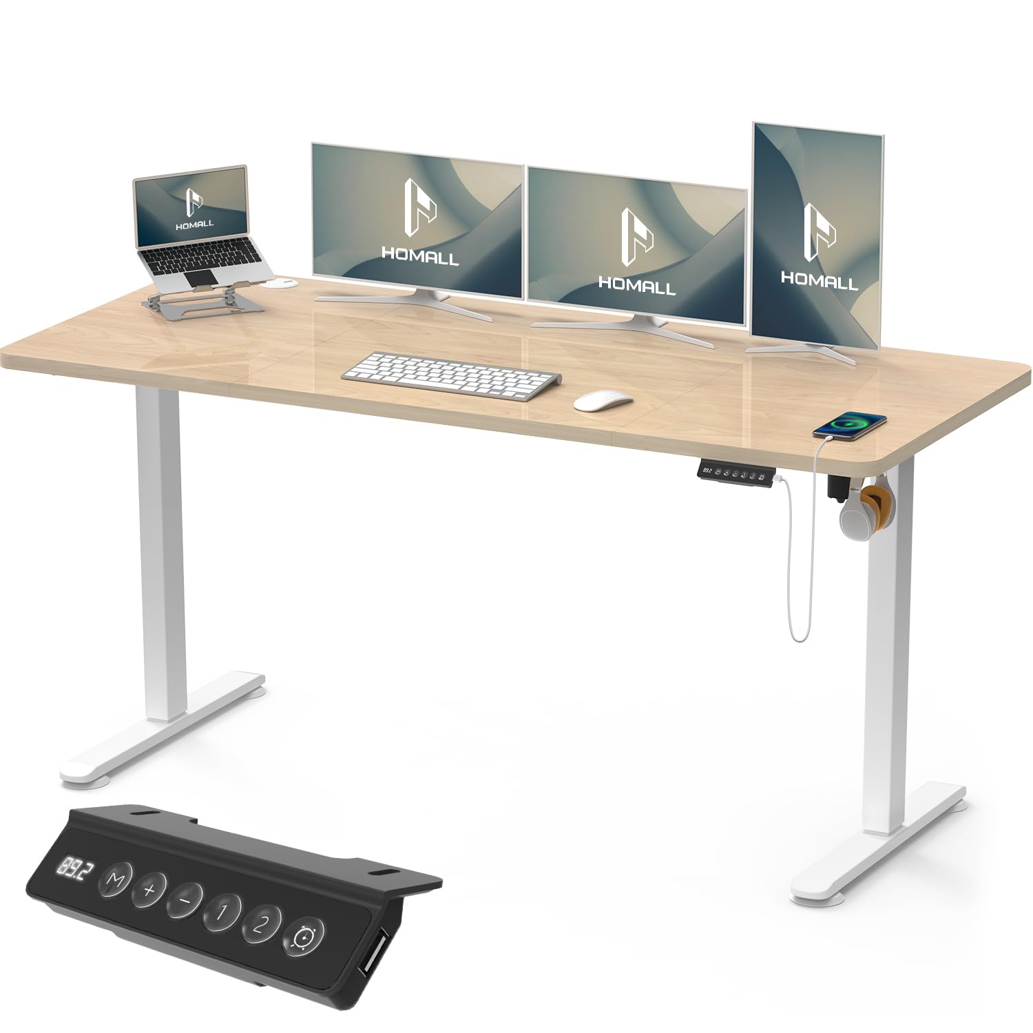 Homall 140X60 Cm Escritorio Elevable con Toma USB, Escritorio Elevable Eléctrico con Funciones De Sistema Anticolisión, Mesa De Escritorio con Soporte Eléctrico,Marrón