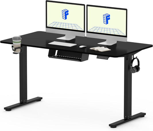 FLEXISPOT QE Pro Escritorio Elevable Eléctrico 140x60cm, Mesa Elevable con 2 Ganchos, Portavasos y Organizador de Cables, 4 Función de Memoria, Standing Desk para Oficina & Hogar y Teletrabajo, Negro