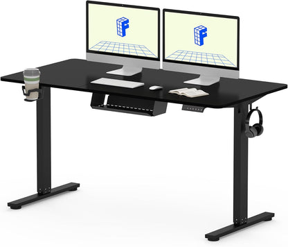 FLEXISPOT QE Pro Escritorio Elevable Eléctrico 140x60cm, Mesa Elevable con 2 Ganchos, Portavasos y Organizador de Cables, 4 Función de Memoria, Standing Desk para Oficina & Hogar y Teletrabajo, Negro
