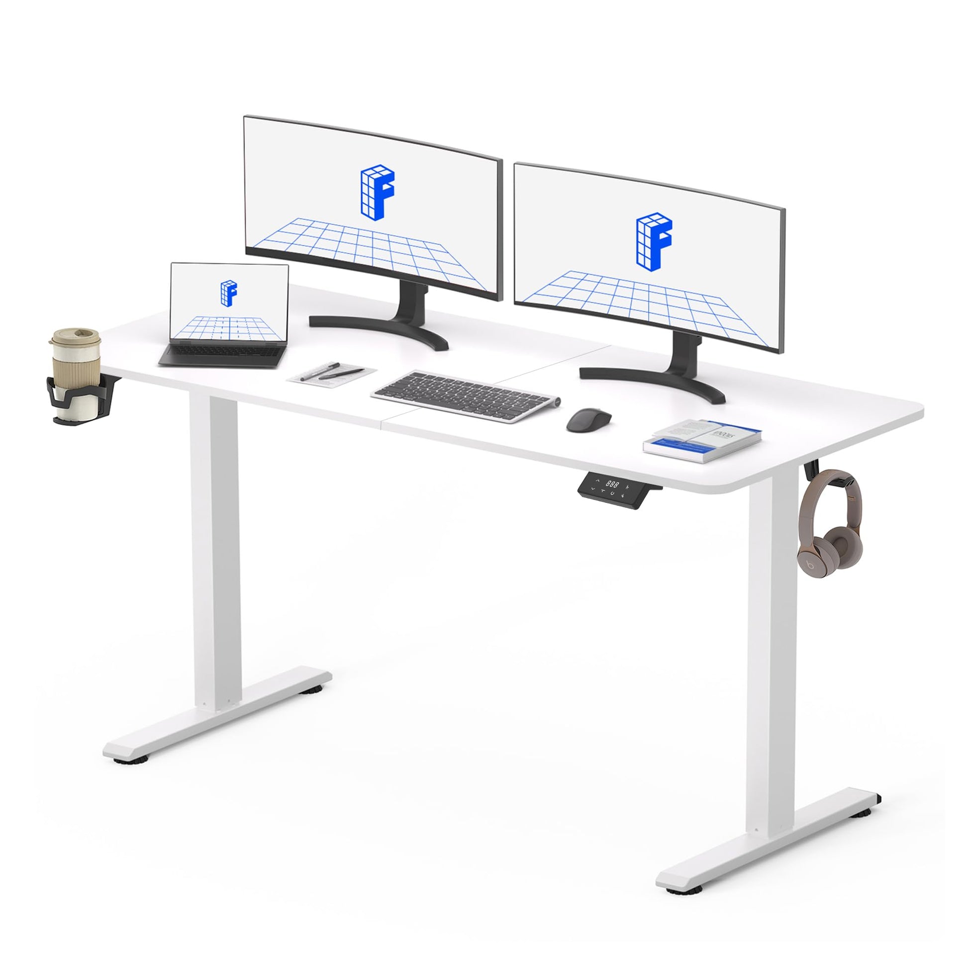 FLEXISPOT QE Pro Escritorio Elevable Eléctrico 140x60cm, Mesa Elevable con 2 Ganchos, Portavasos y Organizador de Cables, 4 Función de Memoria, Standing Desk para Oficina & Hogar y Teletrabajo, Negro