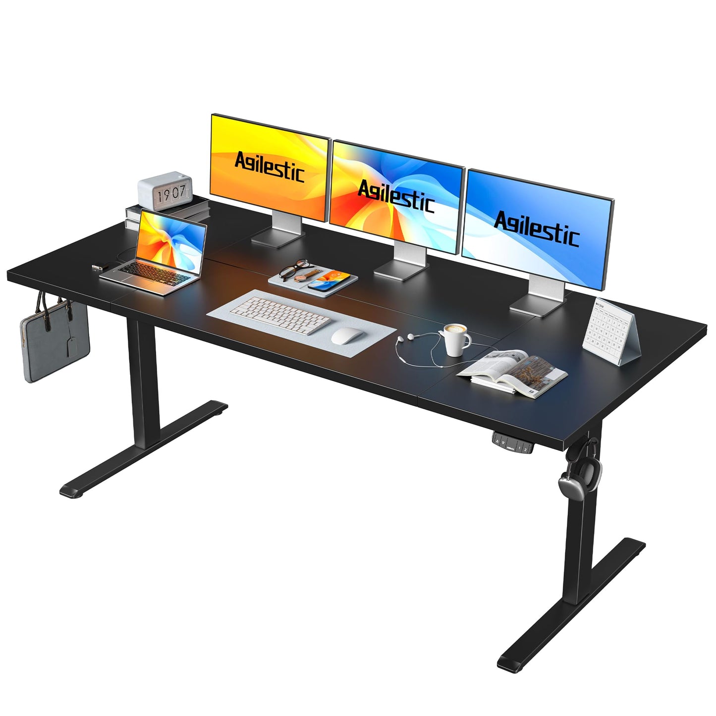 Agilestic 140 x 60 cm Escritorio Elevable Eléctrico con Tablero Escritorio Regulable en Altura Eléctrico Telescópico Bi-direccional con Control de Memoria y Tecnología Anticolisión, Negro