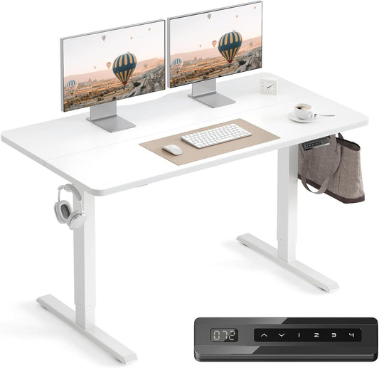 Cubiker Escritorio Eléctrico de Pie - 140 * 60 cm Mesa Altura Ajustable con Tablero, Sistema Anticolisión, Pies en T de Acero, Panel Control con Funciones Memoria