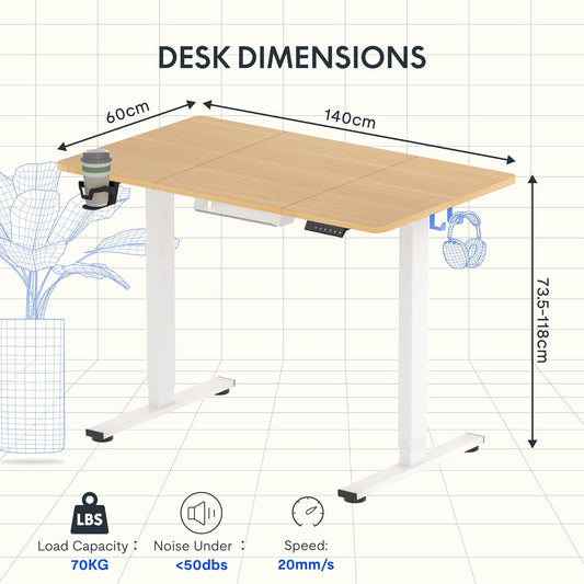 FLEXISPOT QE Pro Escritorio Elevable Eléctrico 140x60cm, Mesa Elevable con 2 Ganchos, Portavasos y Organizador de Cables, 4 Función de Memoria, Standing Desk para Oficina & Hogar y Teletrabajo, Negro