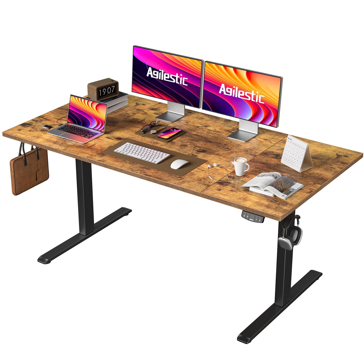 Agilestic 140 x 60 cm Escritorio Elevable Eléctrico con Tablero Escritorio Regulable en Altura Eléctrico Telescópico Bi-direccional con Control de Memoria y Tecnología Anticolisión, Negro