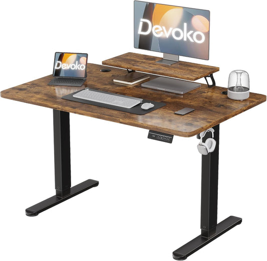 Devoko 140×60cm Escritorio Eléctrico de Altura Ajustable, con Soporte de Monitor, Escritorio de Ordenador, con 2 Funciones de Memoria de Altura, para Dormitorio, Estudio, Oficina