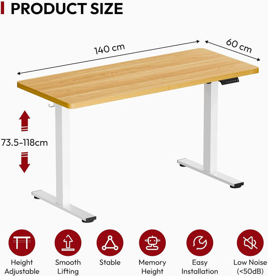 SANODESK FQ1 140x60cm Escritorio Elevable Eléctrico con Tablero, Standing Desk, Mesa Elevable para Computadora con Gancho, Cerradura para niños, Función de Memoria para Oficina y Hogar-Blanco Arce