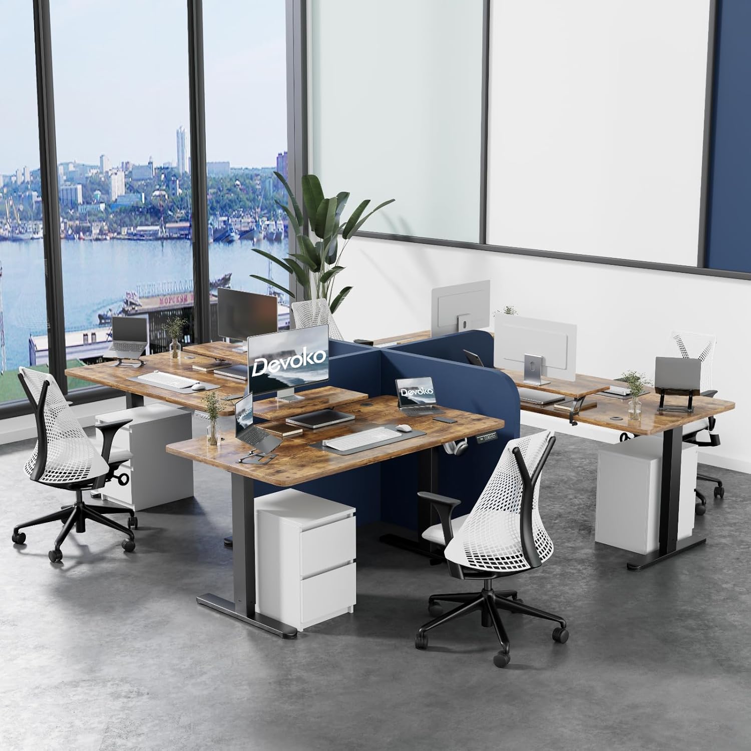 Devoko 140×60cm Escritorio Eléctrico de Altura Ajustable, con Soporte de Monitor, Escritorio de Ordenador, con 2 Funciones de Memoria de Altura, para Dormitorio, Estudio, Oficina
