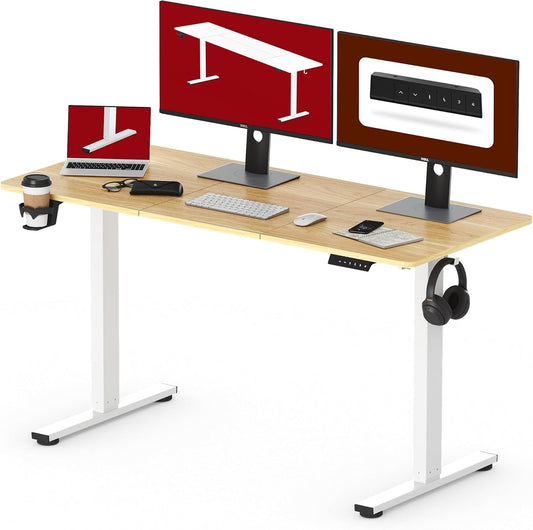 SANODESK FQ1 140x60cm Escritorio Elevable Eléctrico con Tablero, Standing Desk, Mesa Elevable para Computadora con Gancho, Cerradura para niños, Función de Memoria para Oficina y Hogar-Blanco Arce