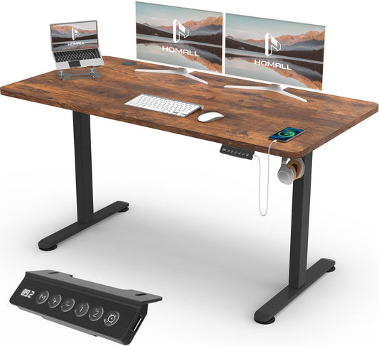 Homall 140X60 Cm Escritorio Elevable con Toma USB, Escritorio Elevable Eléctrico con Funciones De Sistema Anticolisión, Mesa De Escritorio con Soporte Eléctrico,Marrón
