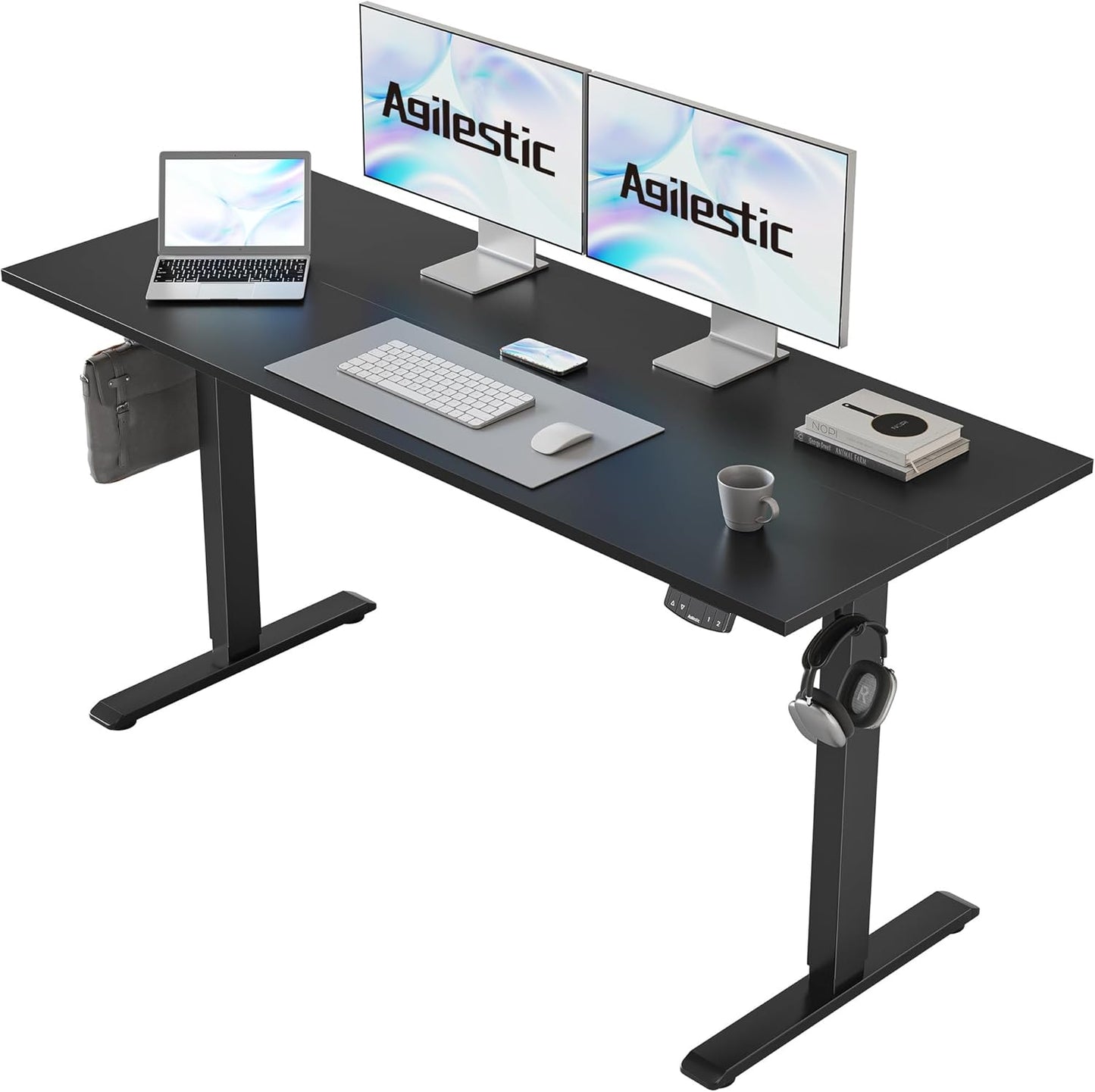 Agilestic 140 x 60 cm Escritorio Elevable Eléctrico con Tablero Escritorio Regulable en Altura Eléctrico Telescópico Bi-direccional con Control de Memoria y Tecnología Anticolisión, Negro
