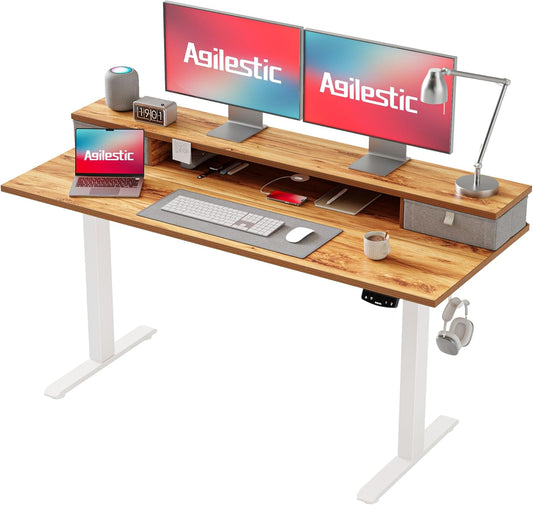 Agilestic Escritorio Regulable en Altura con 2 cajones, 140 x 60 cm Escritorio Estable Eléctrico Regulable en Altura, Escritorio ergonómico de bipedestación Escritorio para Ordenador, Marrón Claro