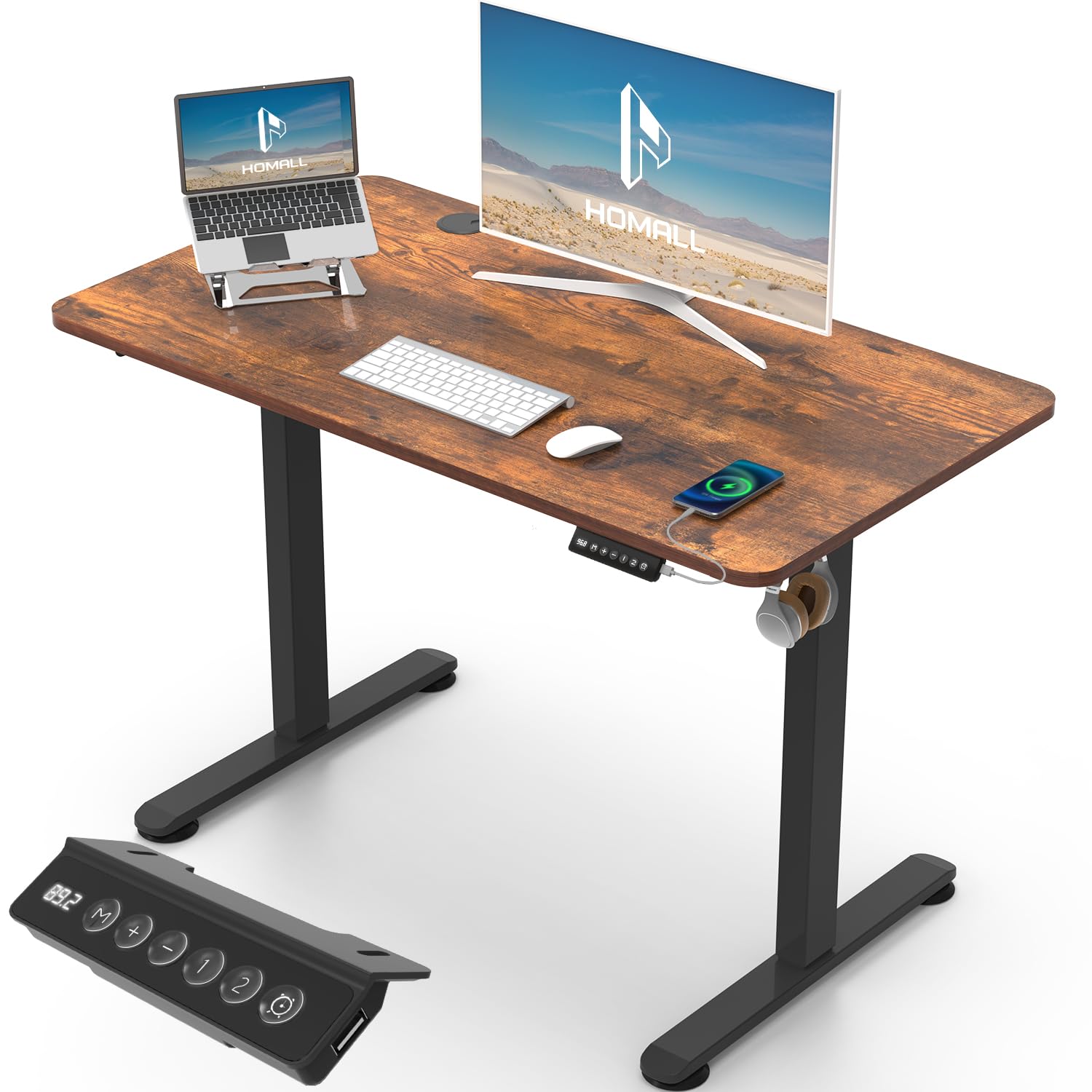 Homall 140X60 Cm Escritorio Elevable con Toma USB, Escritorio Elevable Eléctrico con Funciones De Sistema Anticolisión, Mesa De Escritorio con Soporte Eléctrico,Marrón