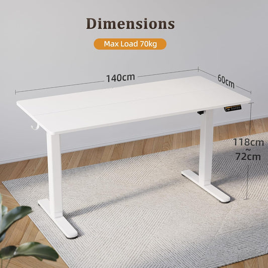 Claiks Escritorio de altura regulable 140 x 60 cm, escritorio de pie eléctrico con gestión de cables, asiento de ordenador con función de memoria y protección contra colisiones, color blanco
