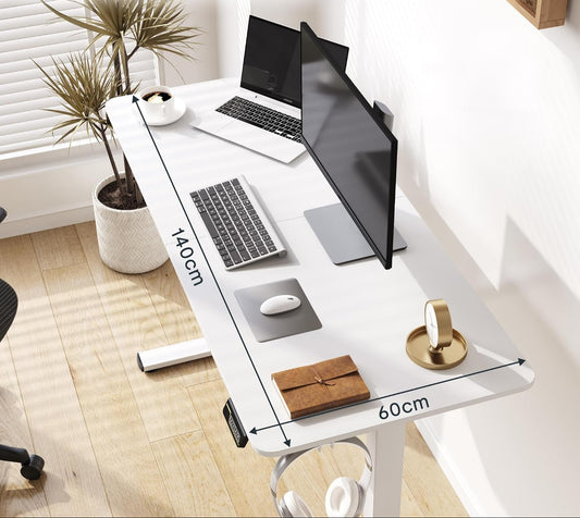 FLEXISPOT 140X60cm Escritorio Elevable Eléctrico con Tablero, con Gancho y Portavasos, Standing Desk, Mesa Elevable Escritorio de Elevable con Memoria Inteligente para Oficina y Hogar(Blanco)