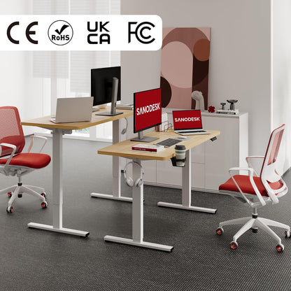 SANODESK FQ1 140x60cm Escritorio Elevable Eléctrico con Tablero, Standing Desk, Mesa Elevable para Computadora con Gancho, Cerradura para niños, Función de Memoria para Oficina y Hogar-Blanco Arce